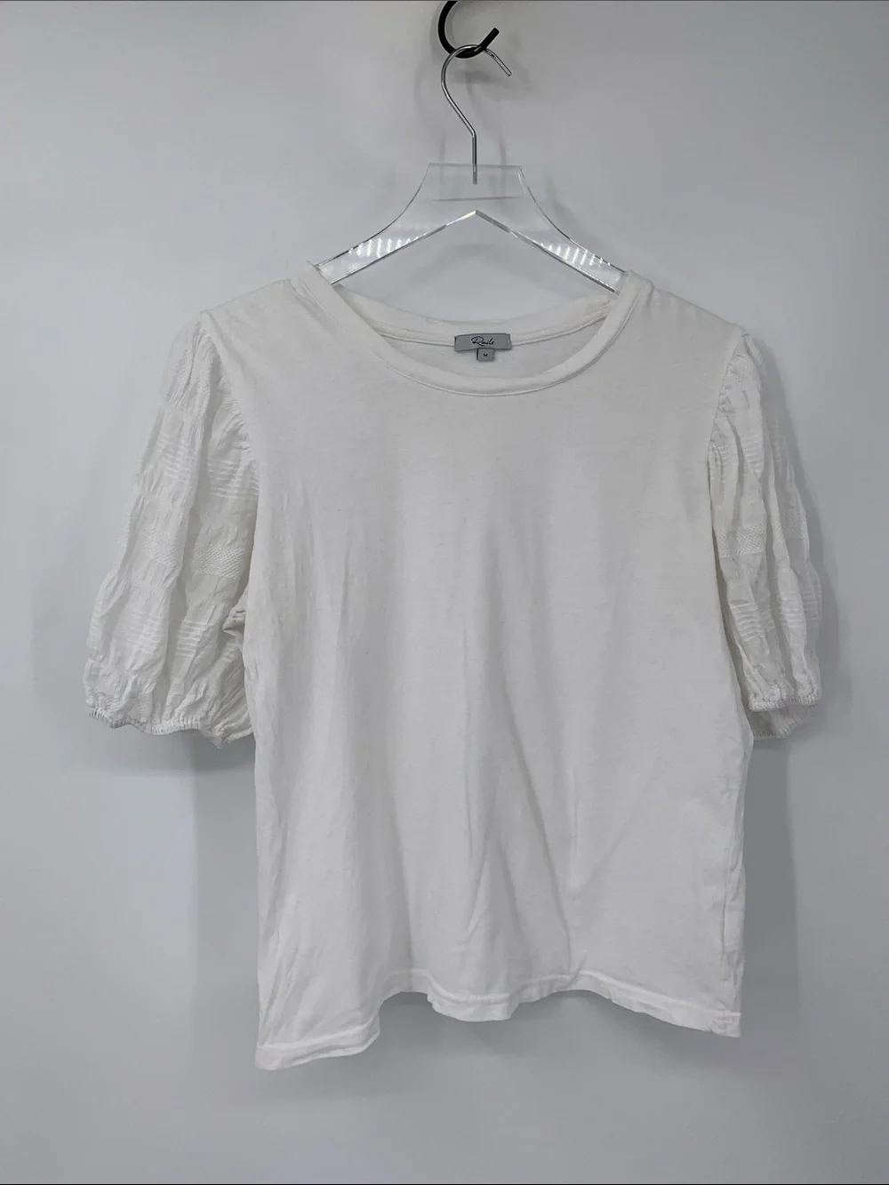 Rails Liza seersucker top white blouse shirt puffed short sleeve knit stretch M